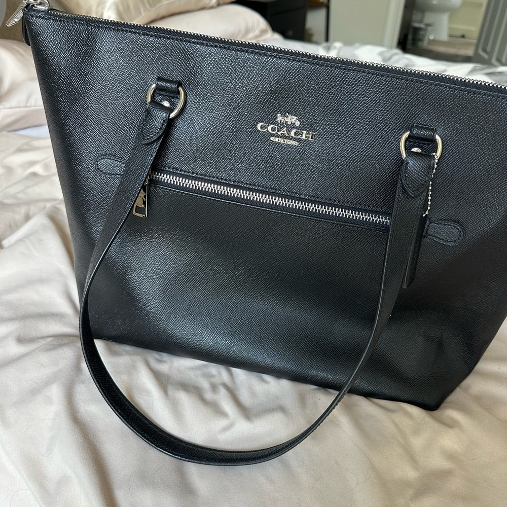Coach Black Leather Tote with Silver Hardware